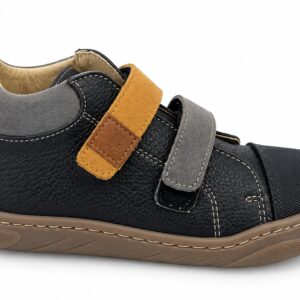 Botines barefoot niño Andanines negro gris oscuro mostaza camel piel granulada serraje ante sintético puntera textil doble velcro cuello acolchado suela ultra flexible goma marrón claro caramelo zero drop puntera ancha plantilla extraíble tirador trasero costuras blancas MADE IN SPAIN