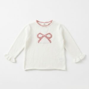 Jersey niña punto blanco roto lazo rosa tejido manga larga cuello redondo ribete rosa puños volante fruncido bolsillo frontal zippy