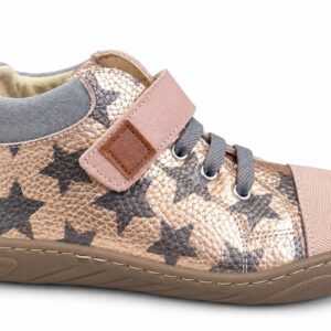 Botines barefoot bebé niño Andanines estrellas metalizadas dorado bronce gris oscuro negro puntera rosa empolvado tira velcro cuello acolchado gris claro cordones elásticos suela ultra flexible goma marrón claro caramelo zero drop puntera ancha plantilla extraíble tirador trasero MADE IN SPAIN