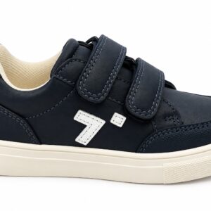 Deportivas niño niña doble velcro azul marino suela blanca flexible patrón ondulado logo lateral blanco costuras decorativas puntera reforzada interior acolchado crema blanco roto