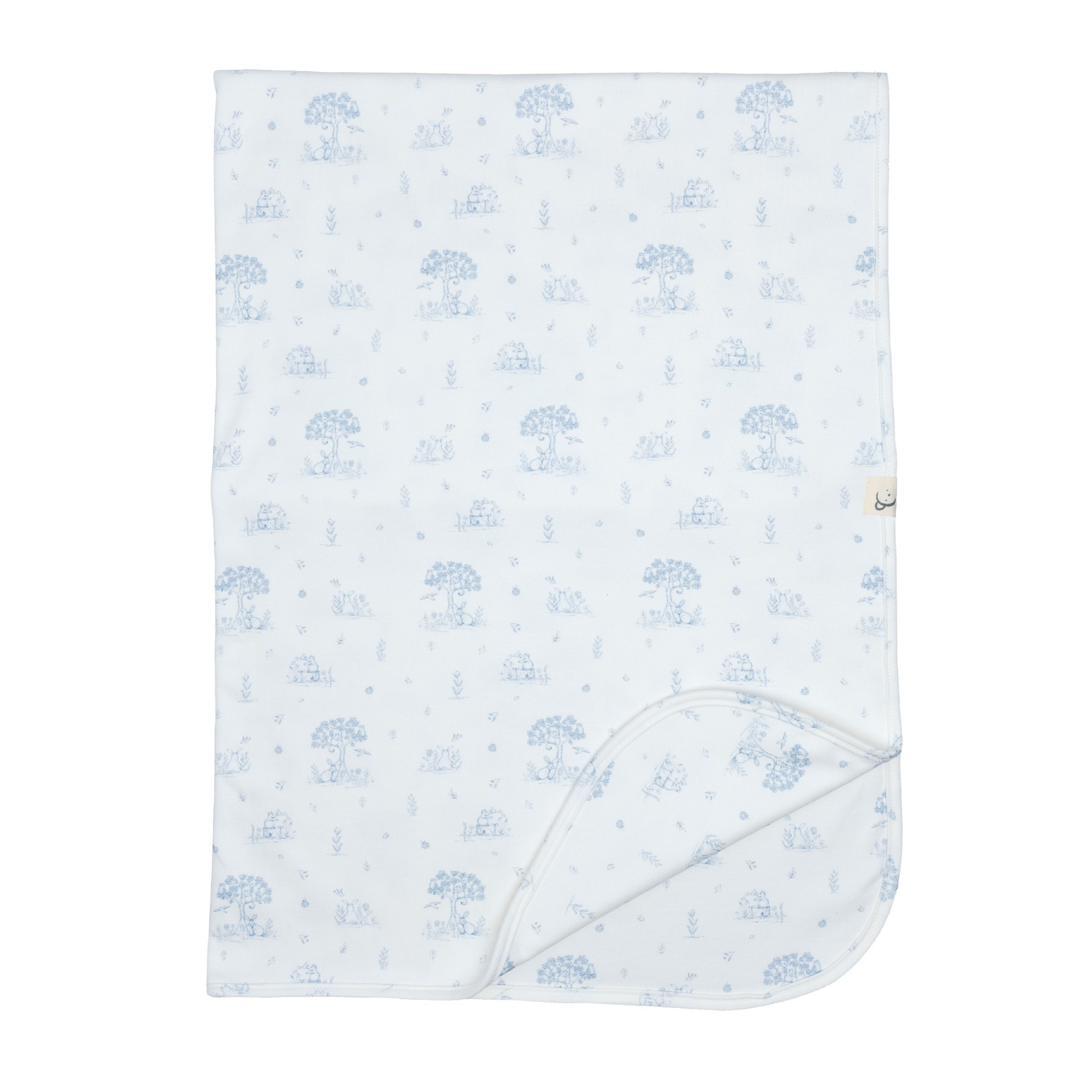 Pack arrullo babero bebé Calamaro estampado conejitos árboles azul blanco roto crudo algodón suave 1x1 metro volante cuello lazo atar