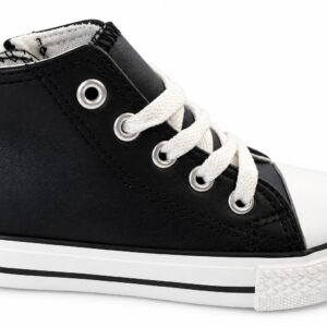 Zapatillas altas niño niña negras tipo Converse cordones blancos ojales metálicos cremallera lateral negra puntera goma blanca suela flexible goma marrón claro banda lateral blanca línea negra