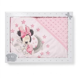 Manta bebé Minnie Mouse Disney 80x85cm rosa claro relieve puntos minky doudou estampado Minnie abrazando conejito luna estrellas caja regalo estrellas grises lazo gris ositos peluche
