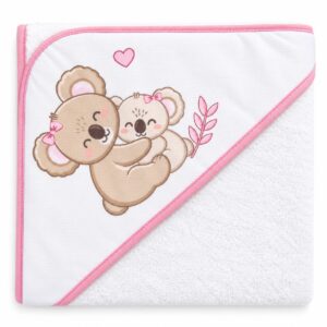 Capa de baño bebé algodón 100% 80x80cm capucha estampado koalas abrazados corazón rosa blanco ribete rosa fucsia tejido rizo suave absorbente