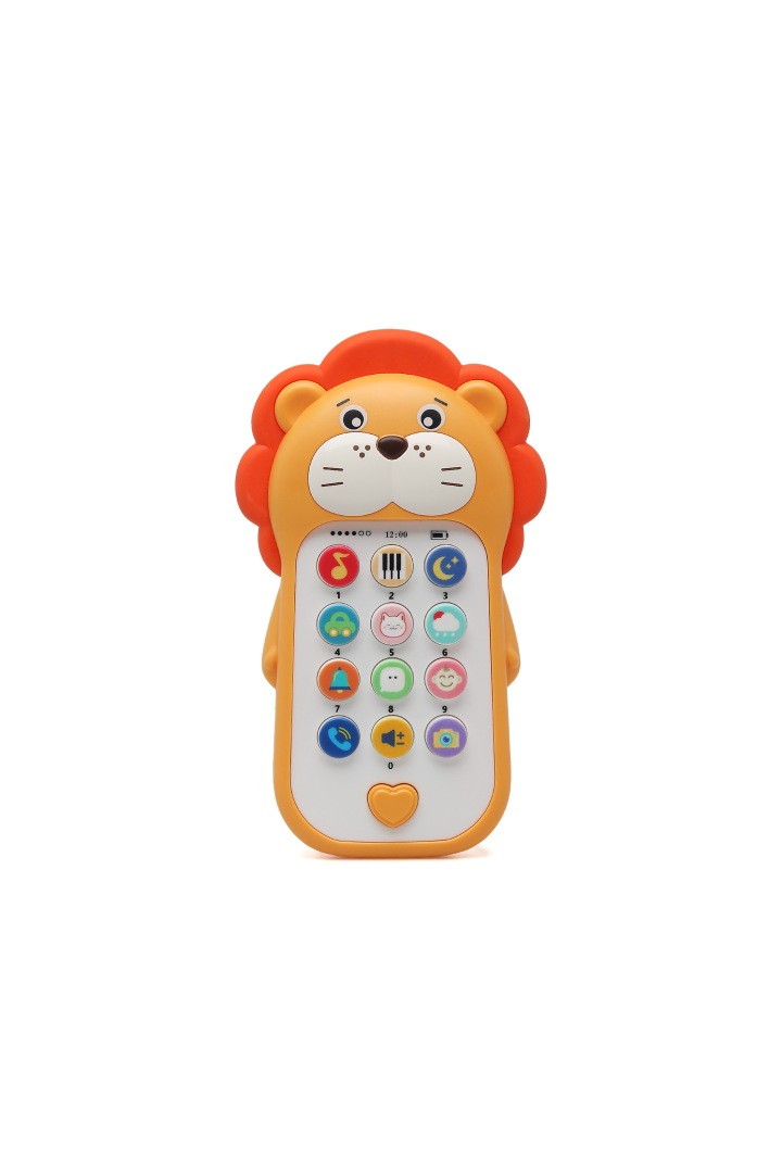 Teléfono musical juguete bebé Kiokids león naranja amarillo melena botones colores interactivo 20 melodías 40 sonidos regulador volumen +6 meses ABS TPR pilas AAA 14cm alto caja regalo 19x12x4cm.