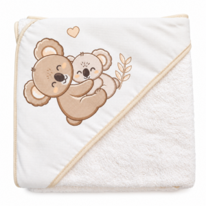 Capa de baño bebé algodón 100% 80x80cm capucha estampado koalas abrazados corazón tonos marrones beige blanco roto crudo ribete beige claro tejido rizo suave absorbente