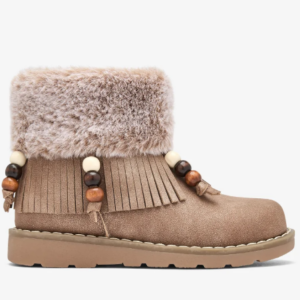 Botas flecos marron niña Conguitos caña media marrón claro taupe flecos bolas madera beige marrón oscuro forro pelo sintético cremallera lateral suela goma antideslizante