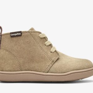 Botas barefoot Conguitos safari microfibra beige cordones elásticos zero drop puntera ancha suela flexible TPR plantilla extraíble efecto ante