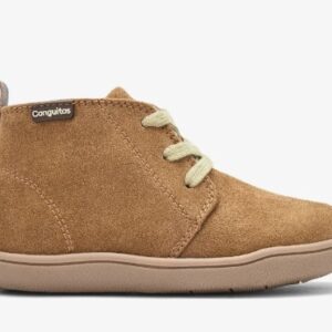 Botas safari barefoot camel efecto ante Botas barefoot Conguitos safari serraje camel marrón claro cordones elásticos beige claro zero drop puntera ancha suela flexible goma plantilla extraíble tirador trasero