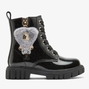 Botas niña Conguitos estilo militar combate negro glitter purpurina cordones negros ojales metálicos plateados cremallera lateral charm corazón pelo sintético gris detalle brillante suela track goma negra
