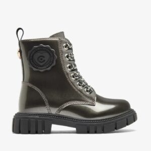 Botas niña Conguitos estilo militar combate gris oscuro brillante charol metalizado cordones estampado leopardo animal print ojales metálicos plateados cremallera lateral parche goma negro logo Conguitos UNICORN TEAM tirador trasero suela track goma negra
