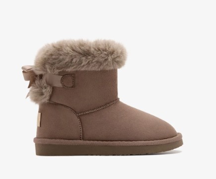 Botas australianas niña niño lazo marrón topo grisáceo microfibra Water-repellent forro pelo sintético beige marrón claro suela goma plantilla textil Conguitos invierno