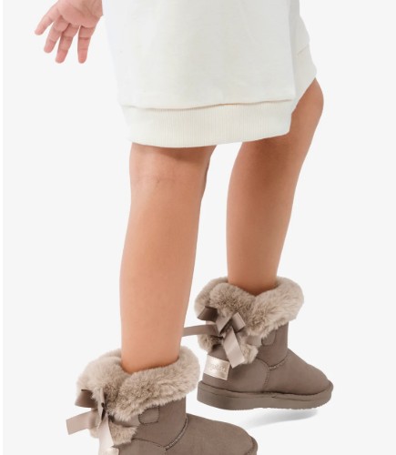 Botas australianas niña niño lazo marrón topo grisáceo microfibra Water-repellent forro pelo sintético beige marrón claro suela goma plantilla textil Conguitos invierno