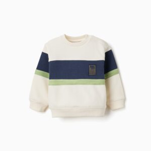 Sudadera bebé niño Clay Horse rayas horizontales blanco roto crema azul marino verde menta pistacho cuello redondo automáticos hombro puños bajo acanalados parche caballo. zippy