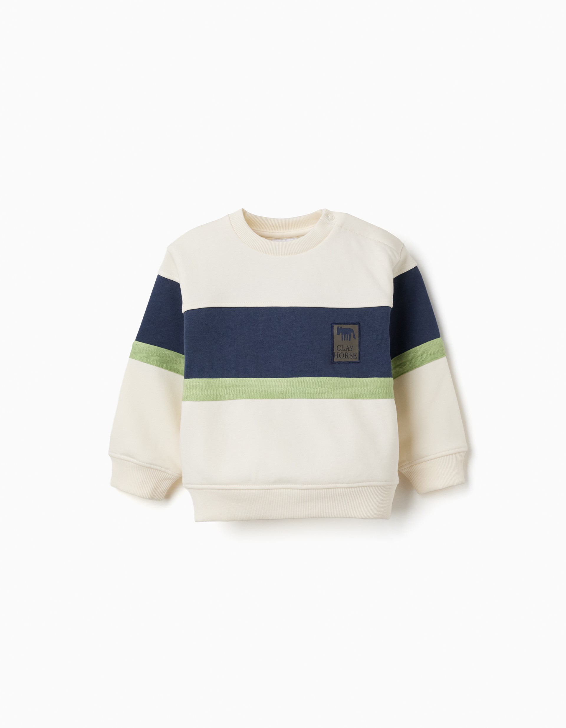 Sudadera bebé niño Clay Horse rayas horizontales blanco roto crema azul marino verde menta pistacho cuello redondo automáticos hombro puños bajo acanalados parche caballo. zippy