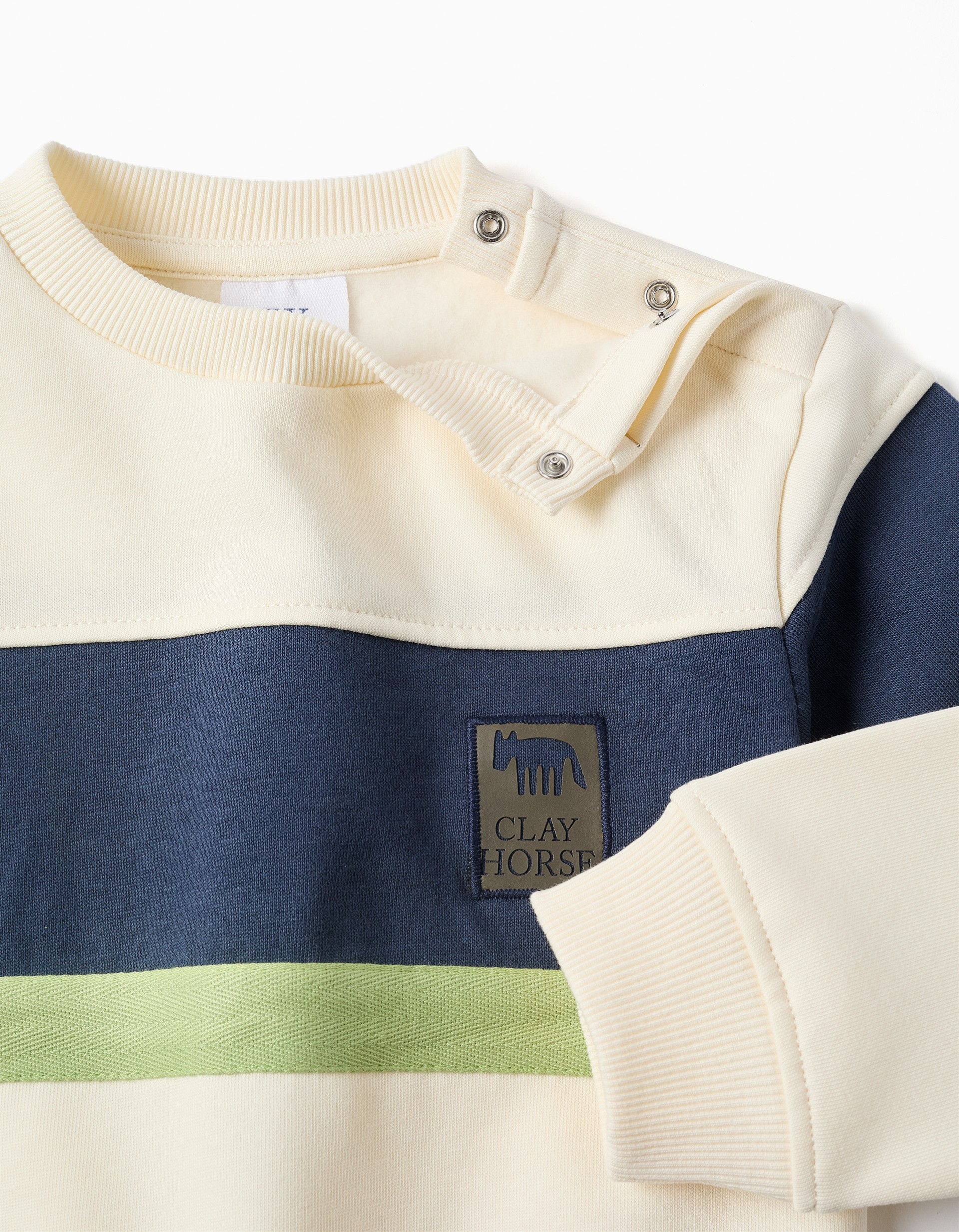 Sudadera bebé niño Clay Horse rayas horizontales blanco roto crema azul marino verde menta pistacho cuello redondo automáticos hombro puños bajo acanalados parche caballo. zippy
