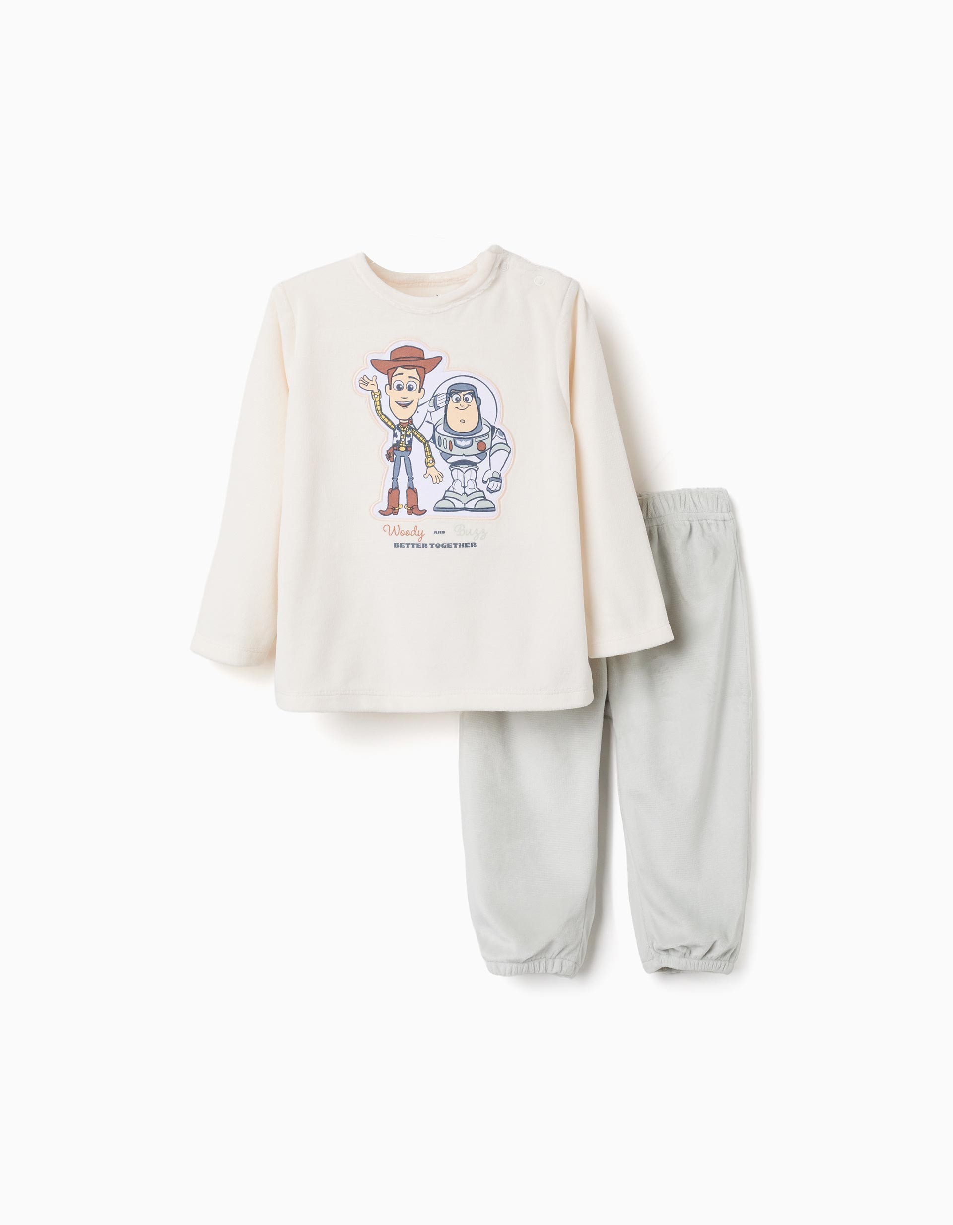 Pijama bebé Disney Baby Toy Story felpa suave blanco roto crema gris claro verde agua estampado Woody Buzz Lightyear texto Woody and Buzz BETTER TOGETHER automáticos hombro cintura elástica bajos elásticos