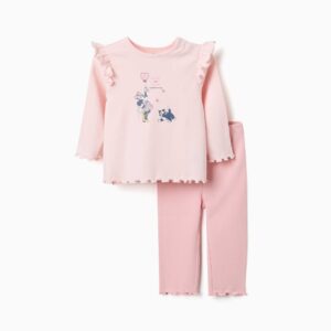 Pijama bebé niña Disney Minnie Mouse Fígaro camiseta manga larga rosa claro volantes hombros bajo puños ondulados estampado Minnie globo corazón Fígaro texto MINNIE and FIGARO daydreaming automáticos hombro leggings rosa intenso cintura elástica zippy
