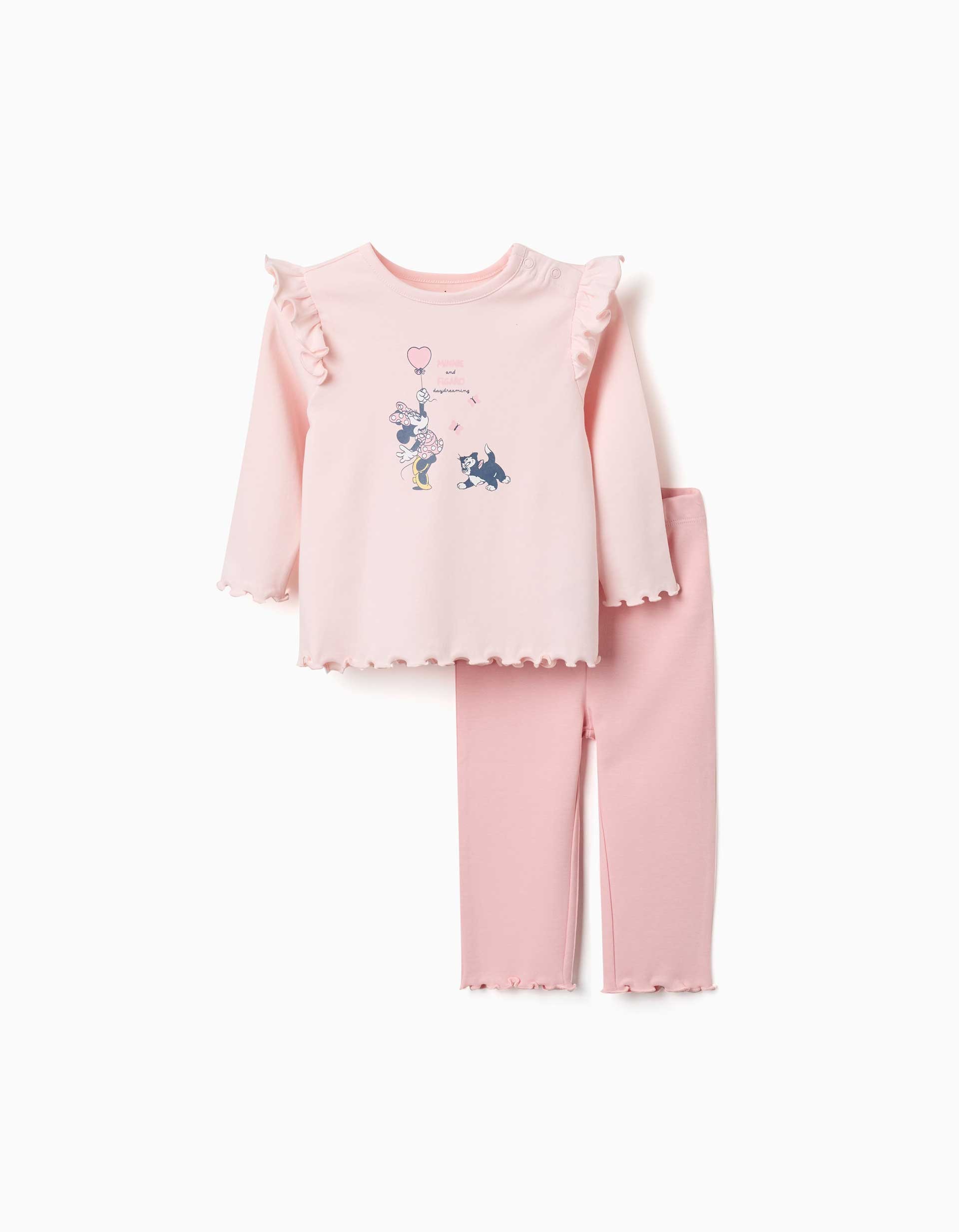 Pijama bebé niña Disney Minnie Mouse Fígaro camiseta manga larga rosa claro volantes hombros bajo puños ondulados estampado Minnie globo corazón Fígaro texto MINNIE and FIGARO daydreaming automáticos hombro leggings rosa intenso cintura elástica zippy