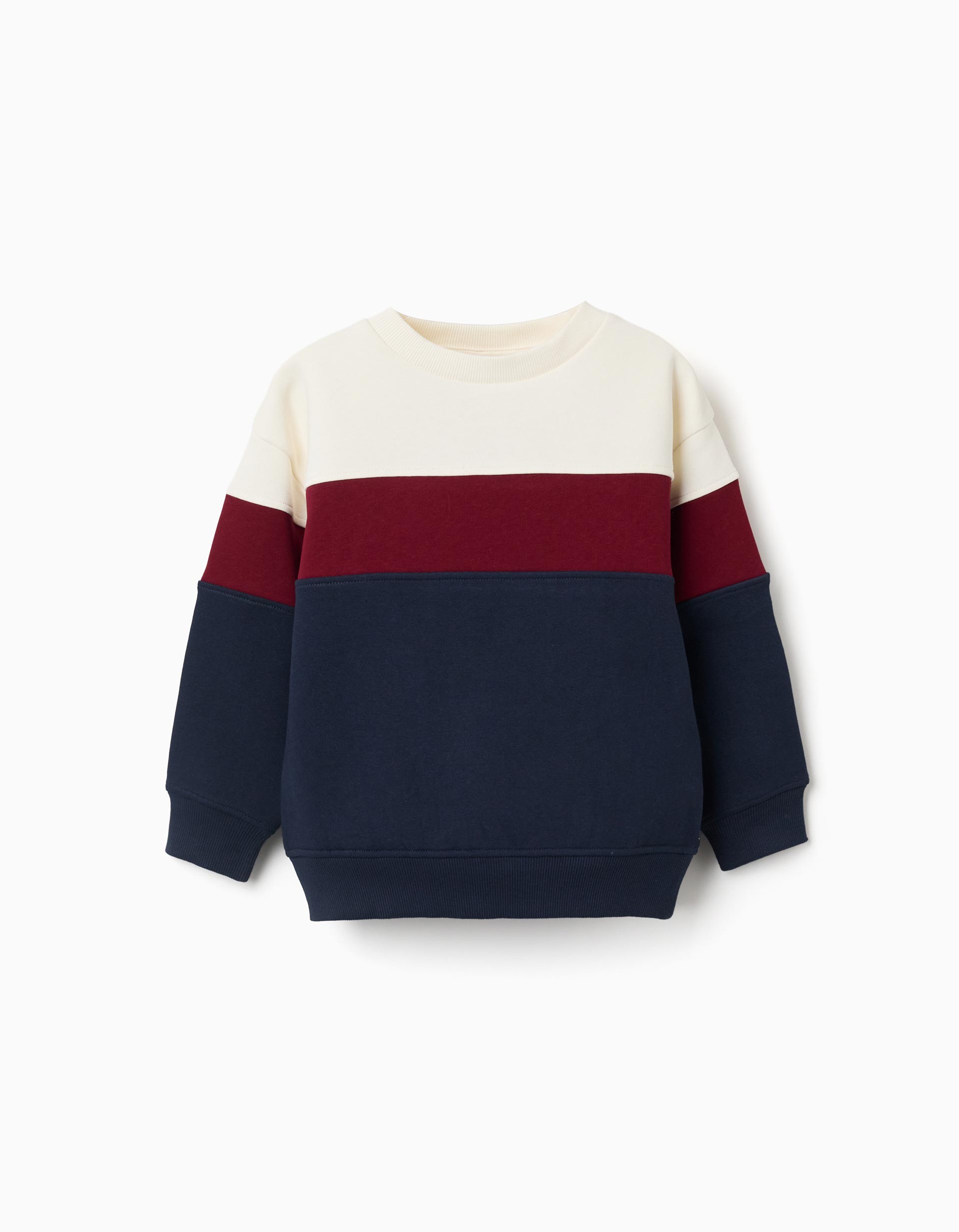 Sudadera bebé niño Zippy bloques color horizontal blanco roto crema burdeos granate azul marino cuello redondo puños bajo acanalados felpa suave perchado