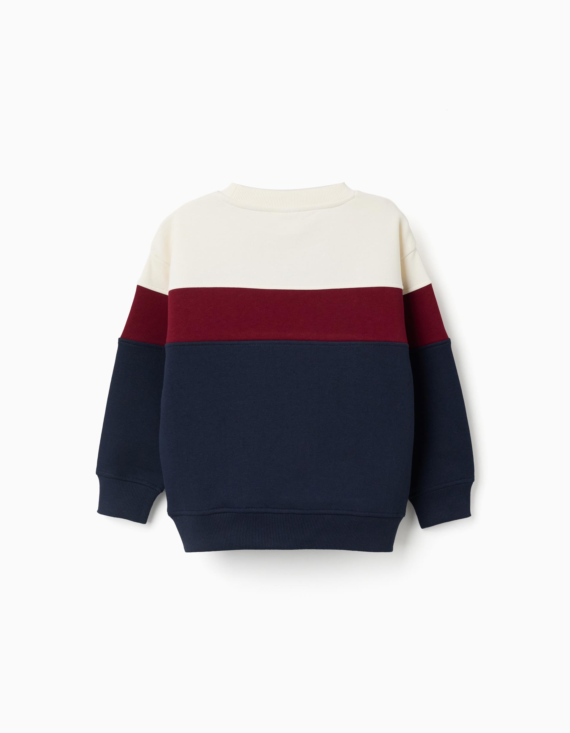 Sudadera bebé niño Zippy bloques color horizontal blanco roto crema burdeos granate azul marino cuello redondo puños bajo acanalados felpa suave perchado