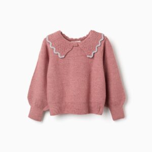 Jersey niña ZIPPY punto rosa viejo empolvado cuello babero calado zigzag ribete gris festoneado manga larga volumen puños acanalados bajo acanalado