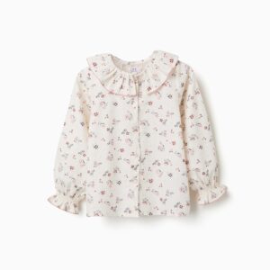 Blusa niña Zippy manga larga blanco roto crema estampado floral flores hojas rosa burdeos gris cuello volante fruncido ribete rosa cierre abotonado puños elásticos fruncidos volante