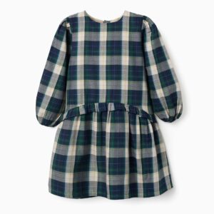 Vestido niña cuadros escoceses tartán azul marino verde beige crema manga larga volante fruncido cintura falda vuelo botones blancos nacarados espalda mangas abullonadas puños elástico forro interior beige otoño invierno