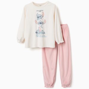 Pijama niña Disney Stitch felpa suave blanco roto crema rosa estampado tres Stitch apilados texto Life is better with Stitch cuello redondo puños fruncido volante elástico cintura elástica bajos fruncido volante elástico.zippy