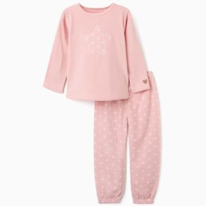 Pijama polar de niña suave rosa claro estrellas manga larga cuello redondo aplique estrella blanca puntos blancos osito Steiff cintura elástica bajos elásticos. zippy