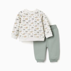 Conjunto chándal bebé Zippy sudadera manga larga blanco roto crema estampado casitas árboles cuello redondo automáticos trasero puños bajo acanalados pantalón largo verde menta agua cintura elástica bajos acanalados felpa suave perchado