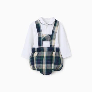 Conjunto bebé niño Zippy body manga larga blanco cuello polo ribete azul marino botones cubrepañal cuadros escoceses azul marino verde blanco amarillo tirantes lazo pajarita cintura muslos elásticos automáticos entrepierna