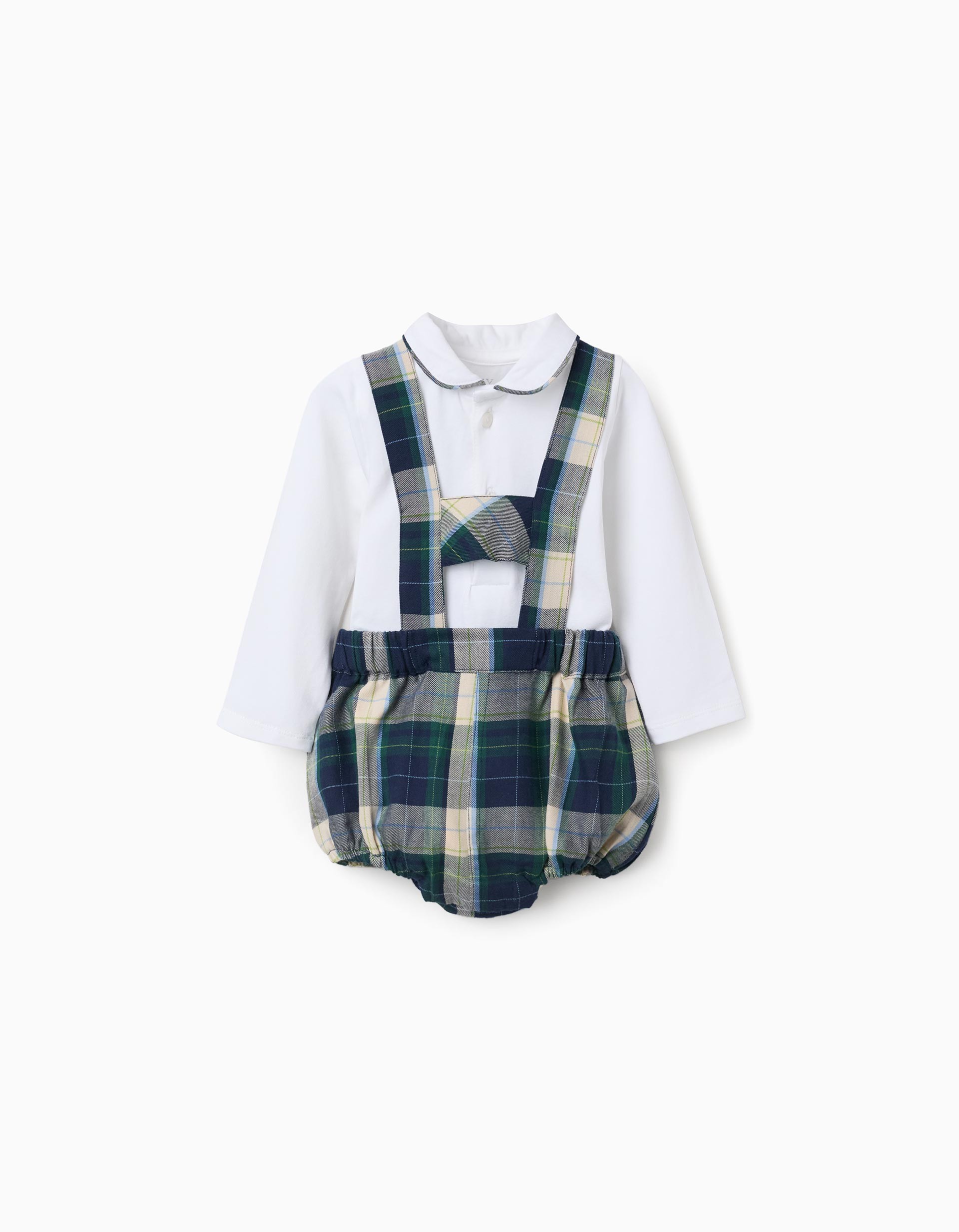 Conjunto bebé niño Zippy body manga larga blanco cuello polo ribete azul marino botones cubrepañal cuadros escoceses azul marino verde blanco amarillo tirantes lazo pajarita cintura muslos elásticos automáticos entrepierna