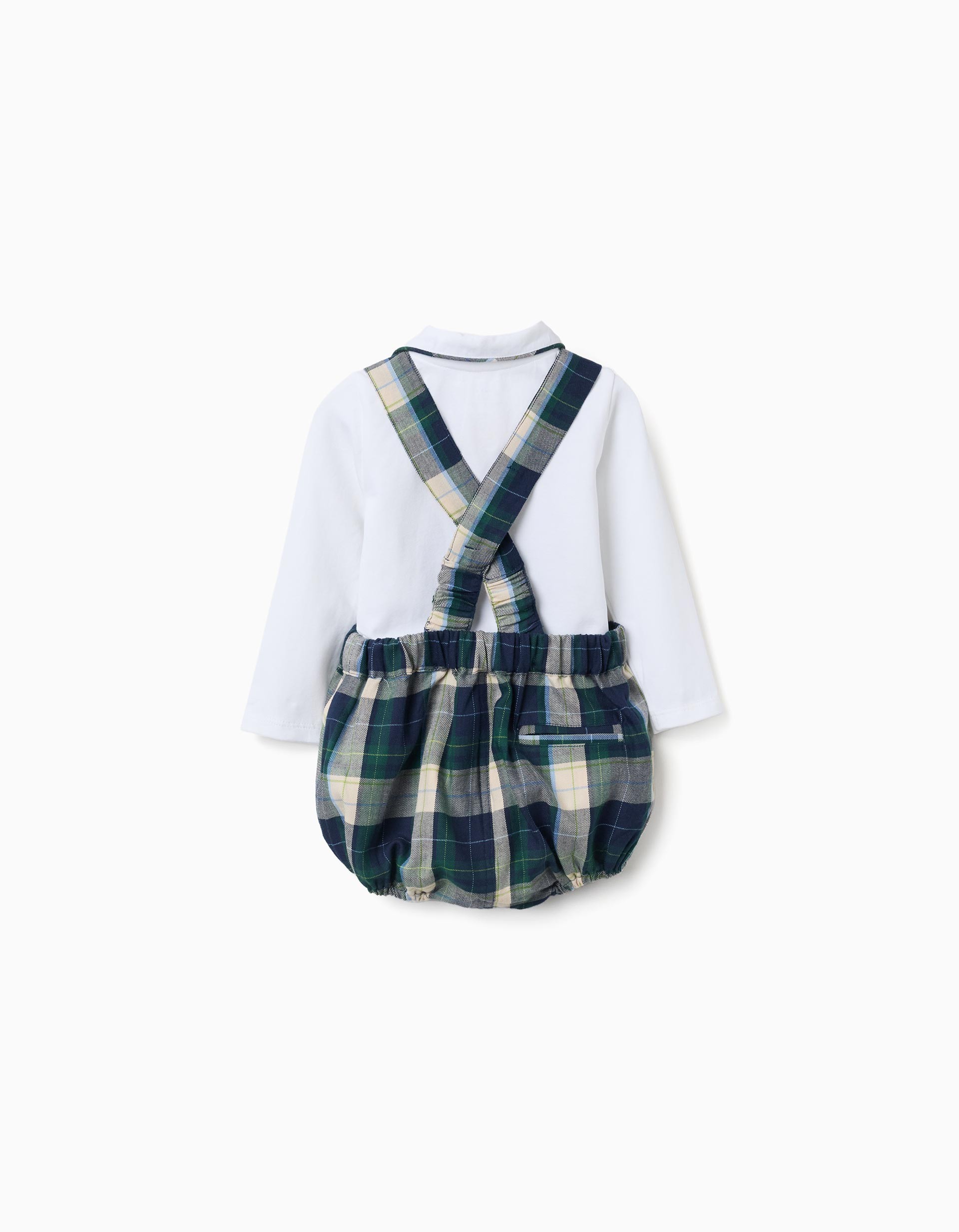 Conjunto bebé niño Zippy body manga larga blanco cuello polo ribete azul marino botones cubrepañal cuadros escoceses azul marino verde blanco amarillo tirantes lazo pajarita cintura muslos elásticos automáticos entrepierna