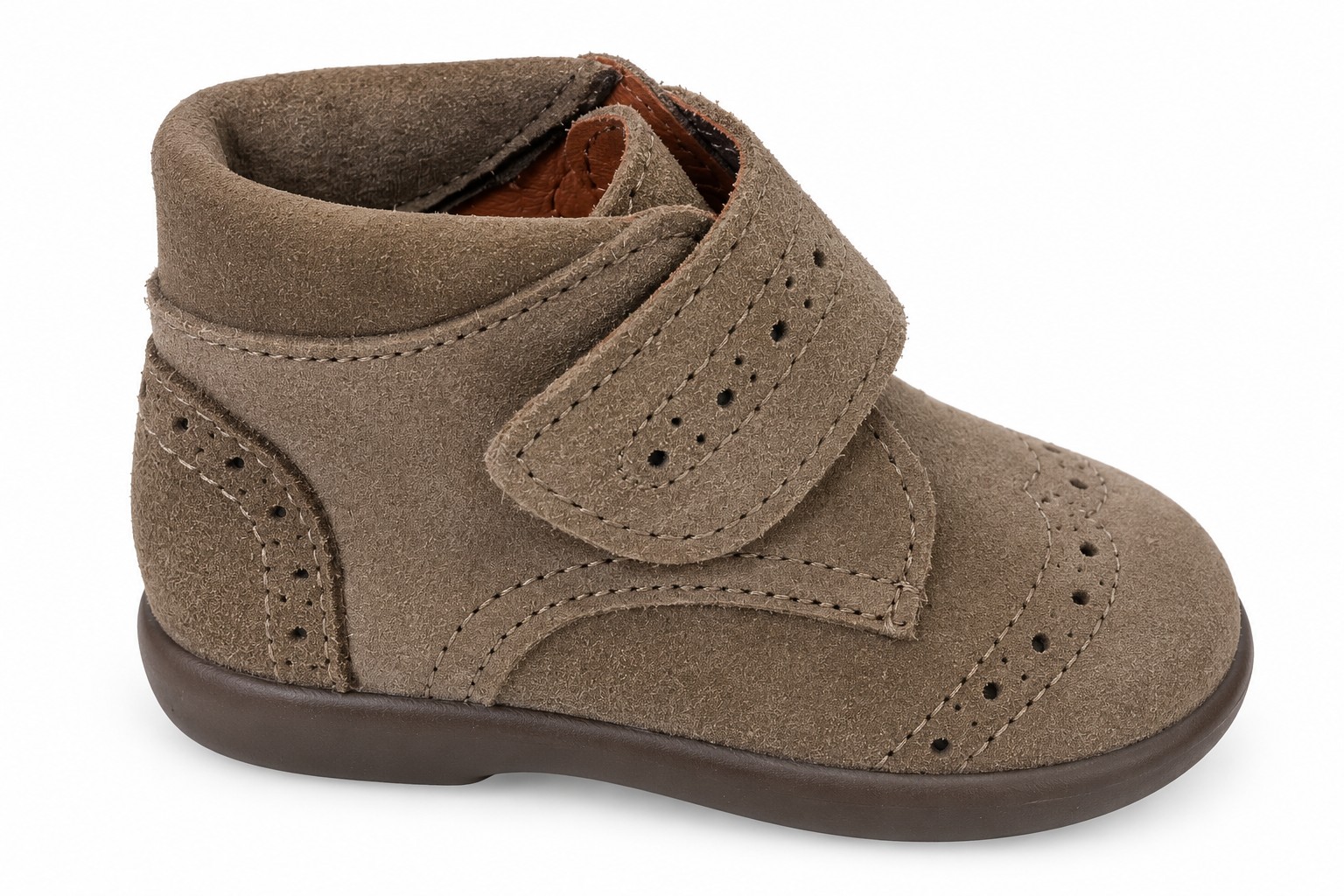 Botitas botas bebé niño niña serraje piel vuelta picados taupe velcro suela goma flexible azul marino FOR YOUNG PEOPLE MADE IN SPAIN interior forrado cuero camel talla 19, marca chuches
