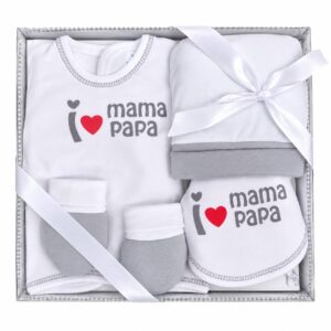Conjunto primera puesta bebé I love mama papa algodón 100% blanco gris body manga larga gorro manoplas patucos babero manta estampado corazón rojo caja regalo lazo blanco