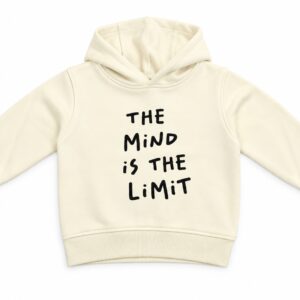 Sudadera niño niña capucha blanca rota crema forro perchado algodón estampado THE MIND IS THE LIMIT negro hombros caídos puños bajo acanalados estilo casual