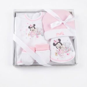 Conjunto primera puesta bebé niña Minnie Mouse Disney algodón 100% body manga larga gorro manoplas patucos rosa blanco estampado Minnie ositos estrellas lazo caja regalo lunares grises.