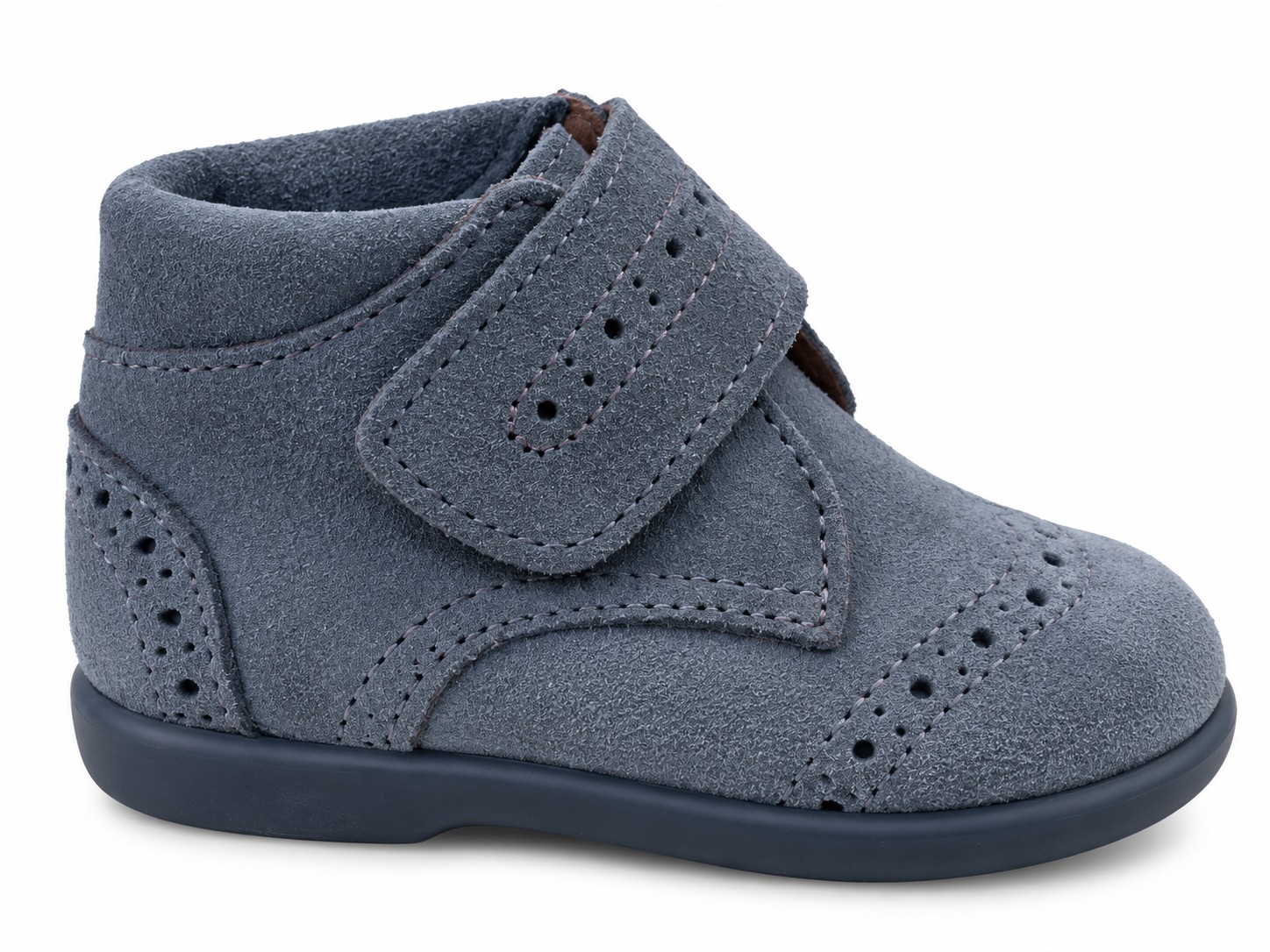 Botitas bebé niño niña serraje piel vuelta picados antique, gris velcro suela goma flexible azul marino FOR YOUNG PEOPLE MADE IN SPAIN interior forrado cuero camel talla 19 al 30 chuches