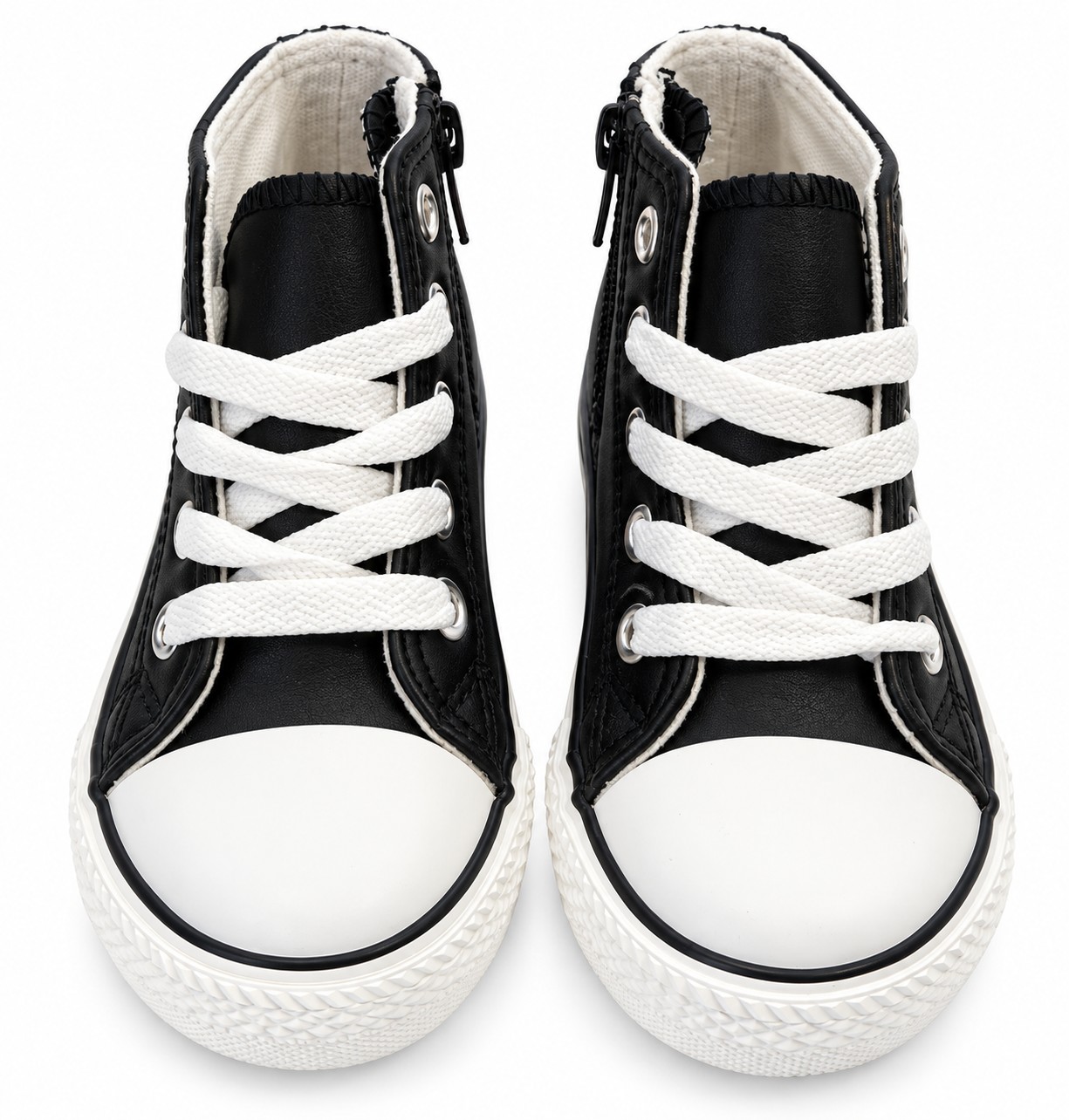 Zapatillas altas niño niña negras tipo Converse cordones blancos ojales metálicos cremallera lateral negra puntera goma blanca suela flexible goma marrón claro banda lateral blanca línea negra Zapatillas altas niño niña negras tipo Converse cordones blancos ojales metálicos cremallera lateral negra puntera goma blanca suela flexible goma marrón claro banda lateral blanca línea negra