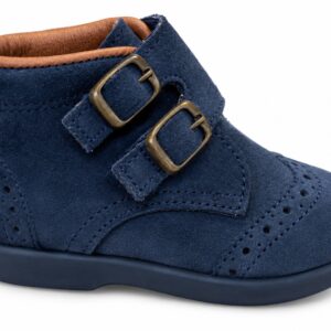 Botitas bebé niño niña serraje piel vuelta picados azul marino hebillas decorativas metal envejecido velcro suela goma flexible azul marino FOR YOUNG PEOPLE MADE IN SPAIN interior forrado cuero camel ribete superior talla 19