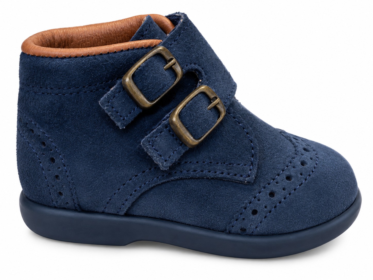 Botitas bebé niño niña serraje piel vuelta picados azul marino hebillas decorativas metal envejecido velcro suela goma flexible azul marino FOR YOUNG PEOPLE MADE IN SPAIN interior forrado cuero camel ribete superior talla 19