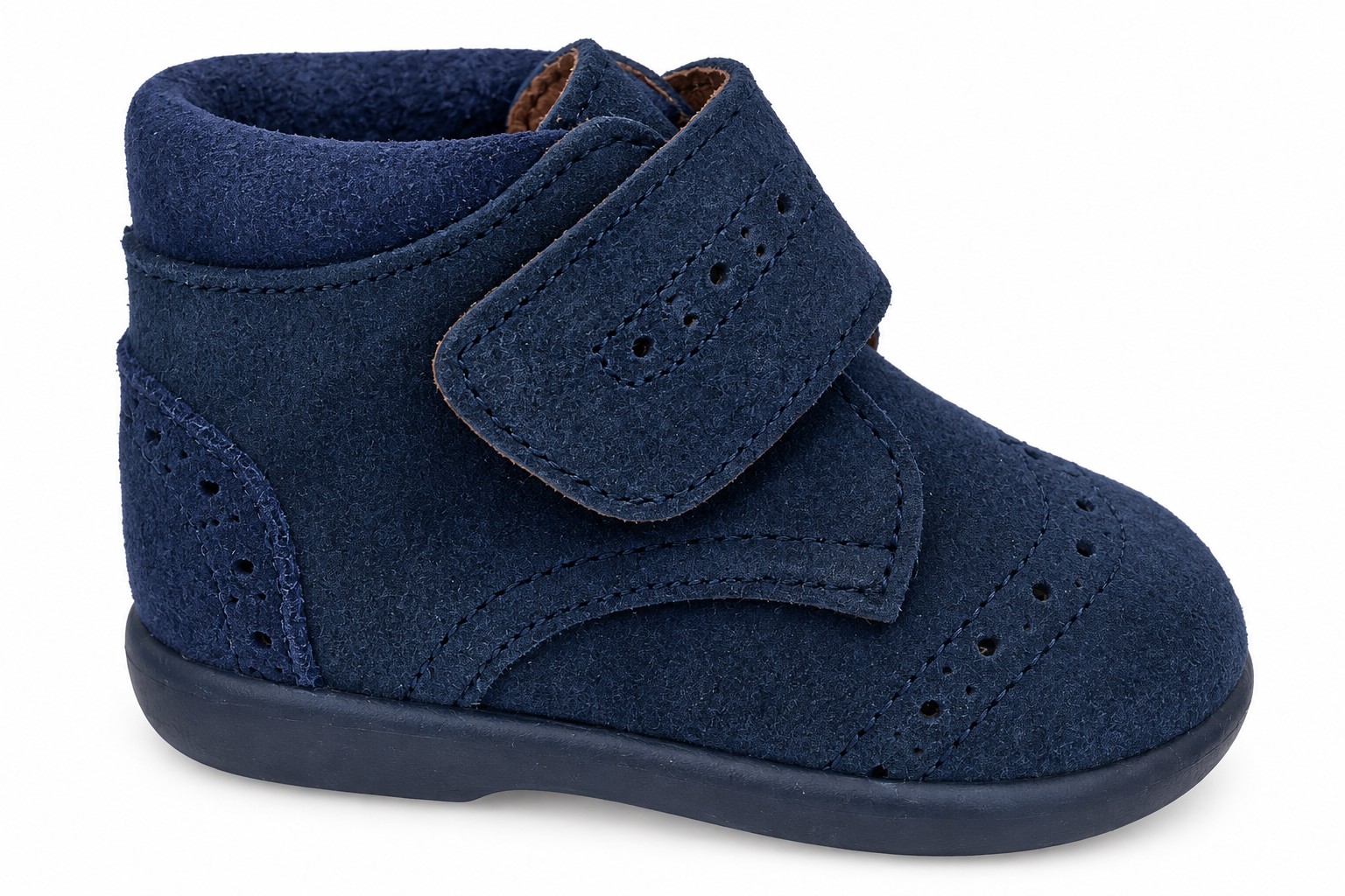 Botitas bebé niño niña serraje piel vuelta picados azul marino velcro suela goma flexible azul marino FOR YOUNG PEOPLE MADE IN SPAIN interior forrado cuero camel talla 19