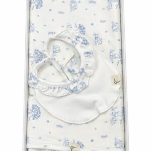 Pack arrullo babero bebé Calamaro estampado conejitos árboles azul blanco roto crudo algodón suave 1x1 metro volante cuello lazo atar