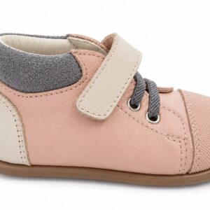 Botin barefoot bebé Andanines rosa empolvado beige claro gris oscuro piel suave puntera texturizada tira velcro cordones elásticos cuello acolchado suela ultra flexible goma marrón claro zero drop puntera ancha plantilla extraíble tirador trasero MADE IN SPAIN