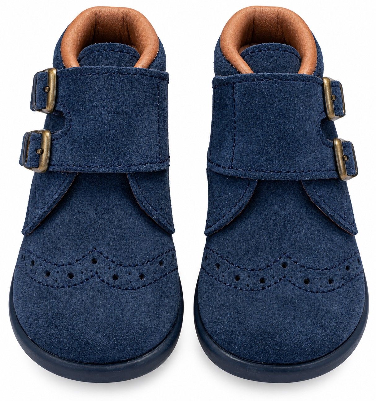 Botitas bebé niño niña serraje piel vuelta picados azul marino hebillas decorativas metal envejecido velcro suela goma flexible azul marino FOR YOUNG PEOPLE MADE IN SPAIN interior forrado cuero camel ribete superior talla 19