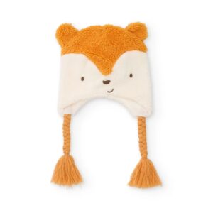 Gorro bebé tipo peruano zorro Tuc Tuc naranja blanco tejido sherpa suave orejas 3D cara bordada orejeras trenzas borlas logo trasero
