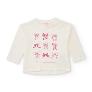 Camiseta bebé niña manga larga blanco roto estampado nueve lazos rosas It's always fabulous botones hombro