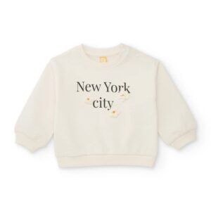 Sudadera bebé niña felpa blanco roto New York city flores 3D relieve bordadas Tuc Tuc botones hombro.