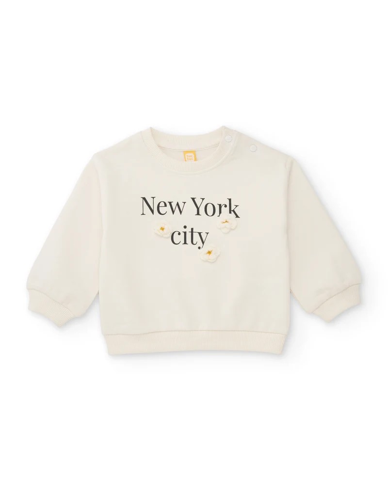 Sudadera bebé niña felpa blanco roto New York city flores 3D relieve bordadas Tuc Tuc botones hombro.